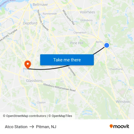 Atco Station to Pitman, NJ map