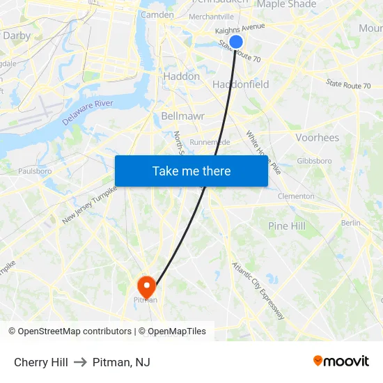Cherry Hill to Pitman, NJ map