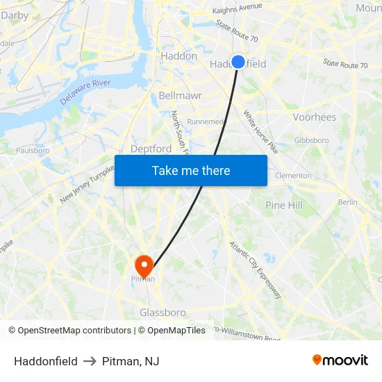 Haddonfield to Pitman, NJ map