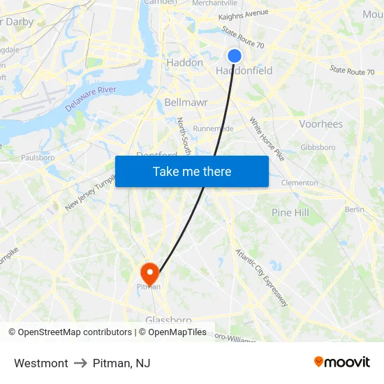 Westmont to Pitman, NJ map