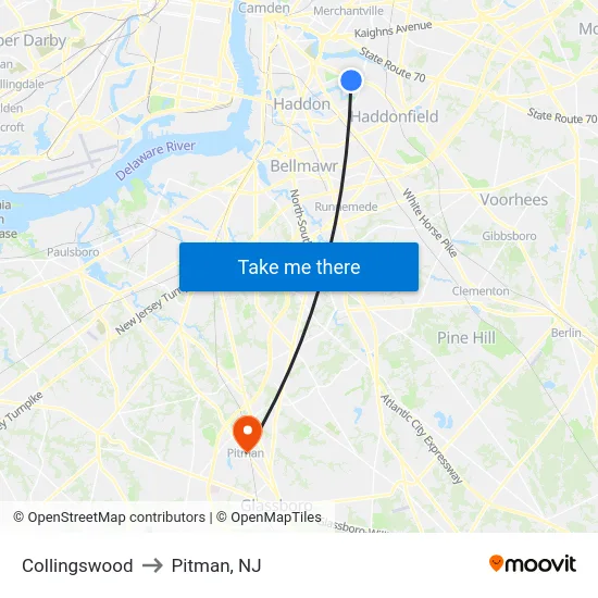 Collingswood to Pitman, NJ map
