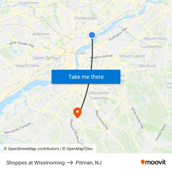 Shoppes at Wissinoming to Pitman, NJ map