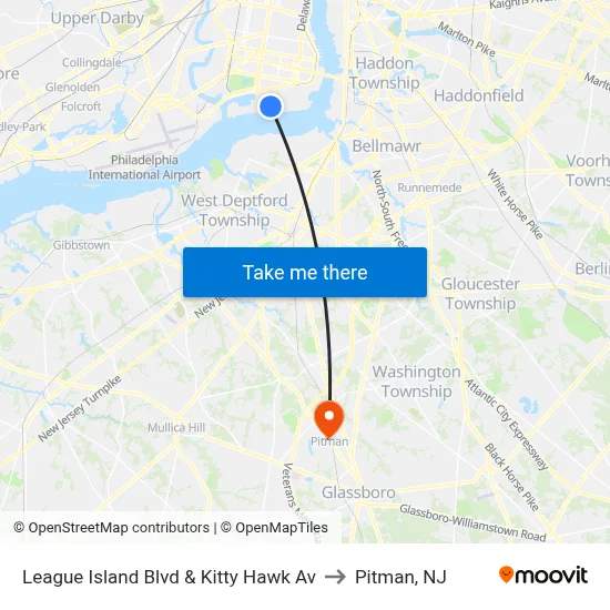 League Island Blvd & Kitty Hawk Av to Pitman, NJ map