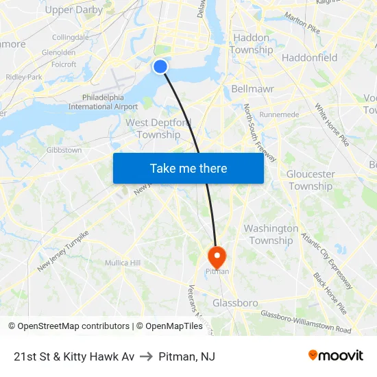 21st St & Kitty Hawk Av to Pitman, NJ map