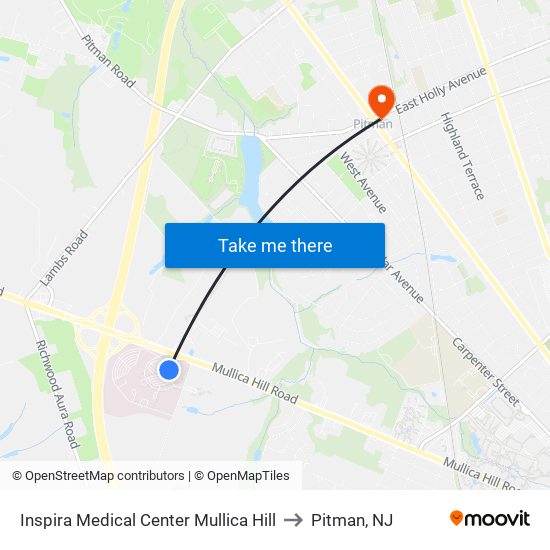 Inspira Medical Center Mullica Hill to Pitman, NJ map