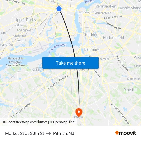 Market St at 30th St to Pitman, NJ map