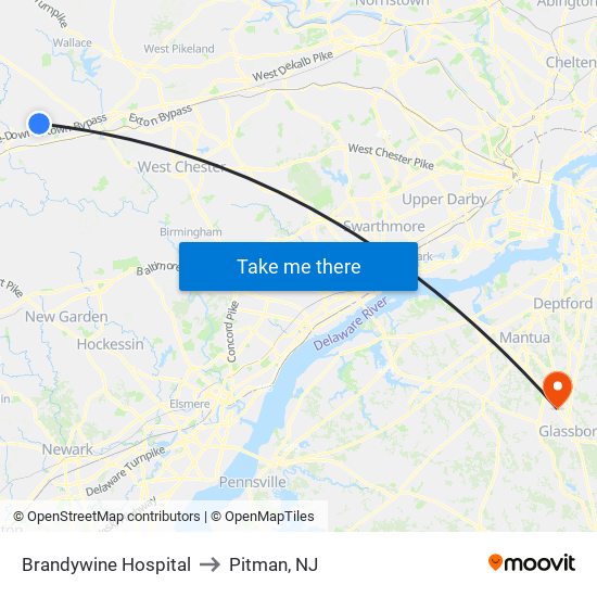 Brandywine Hospital to Pitman, NJ map