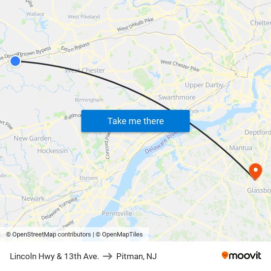 Lincoln Hwy & 13th Ave. to Pitman, NJ map