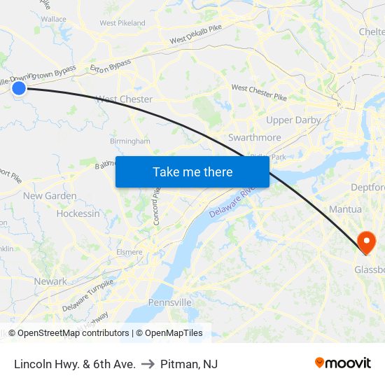 Lincoln Hwy. & 6th Ave. to Pitman, NJ map