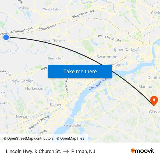 Lincoln Hwy. & Church St. to Pitman, NJ map