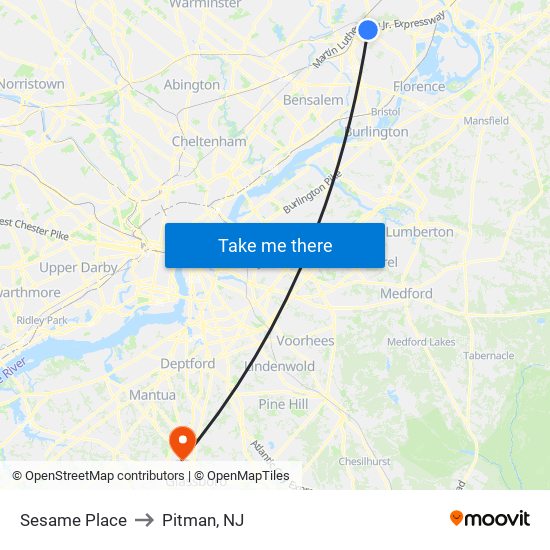 Sesame Place to Pitman, NJ map
