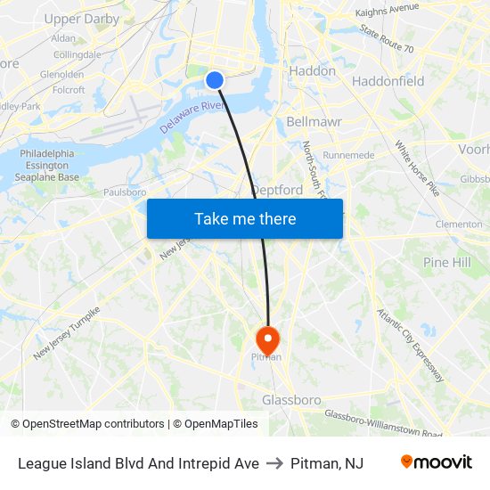 League Island Blvd And Intrepid Ave to Pitman, NJ map