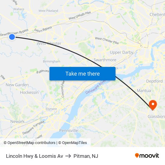 Lincoln Hwy & Loomis Av to Pitman, NJ map