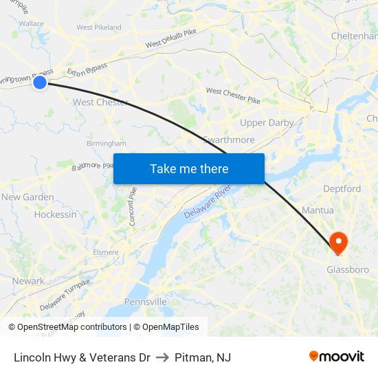 Lincoln Hwy & Veterans Dr to Pitman, NJ map