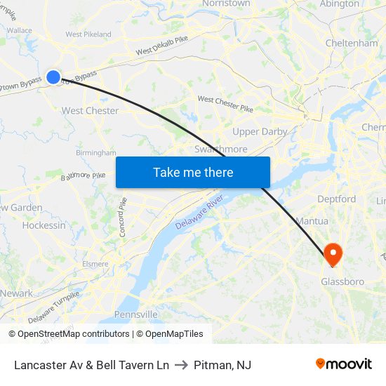 Lancaster Av & Bell Tavern Ln to Pitman, NJ map