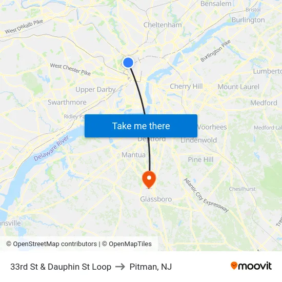33rd St & Dauphin St Loop to Pitman, NJ map