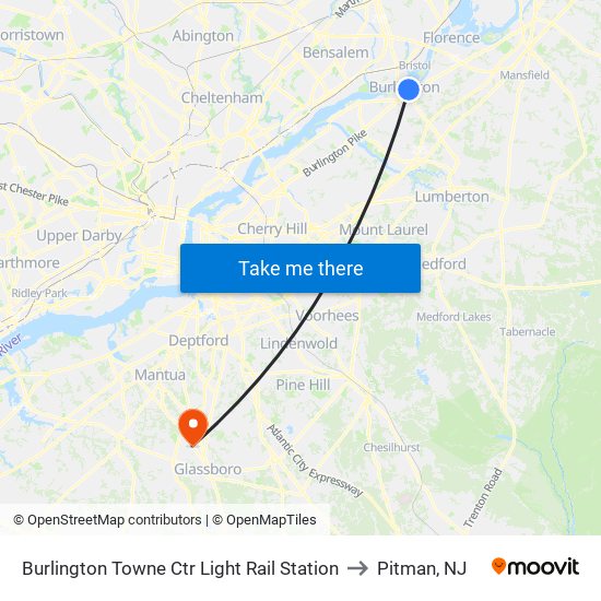 Burlington Towne Ctr Light Rail Station to Pitman, NJ map