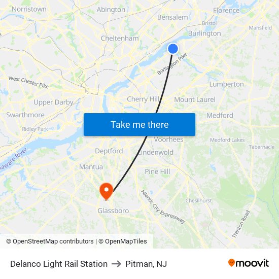 Delanco Light Rail Station to Pitman, NJ map