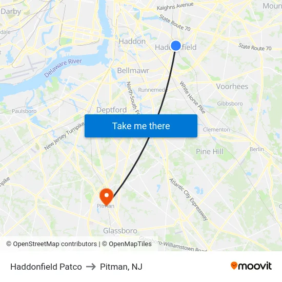 Haddonfield Patco to Pitman, NJ map