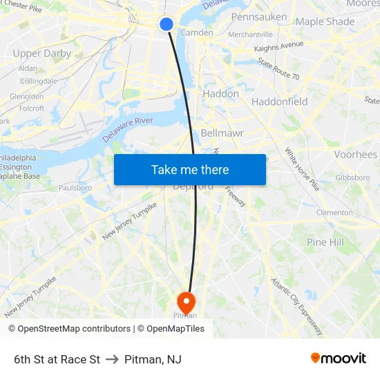 6th St at Race St to Pitman, NJ map