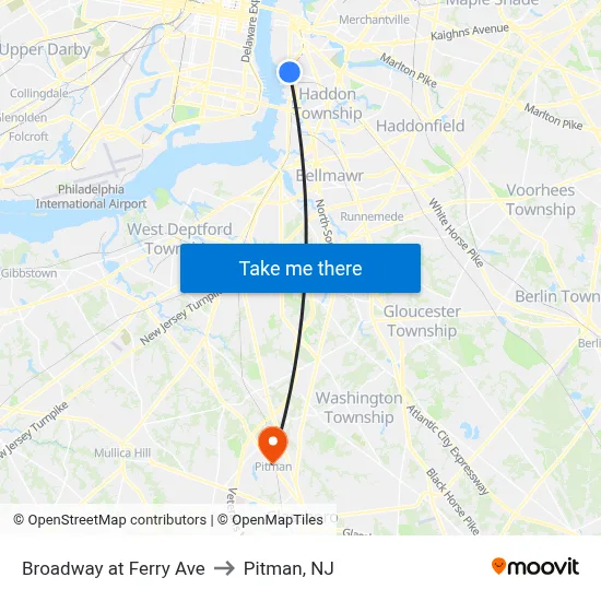 Broadway at Ferry Ave to Pitman, NJ map