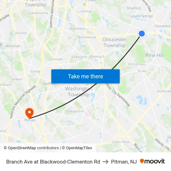 Branch Ave at Blackwood-Clementon Rd to Pitman, NJ map