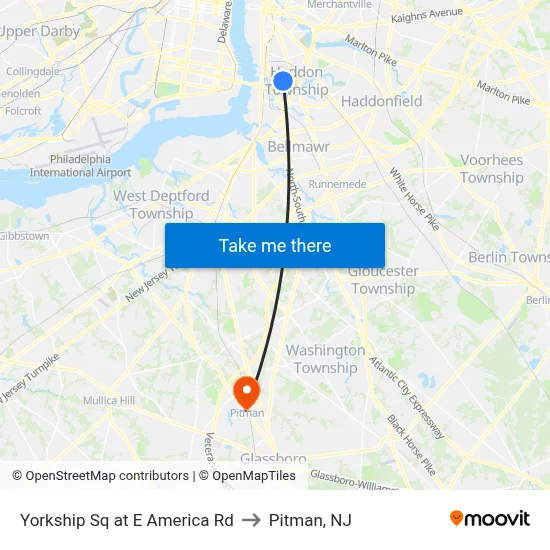 Yorkship Sq at E America Rd to Pitman, NJ map