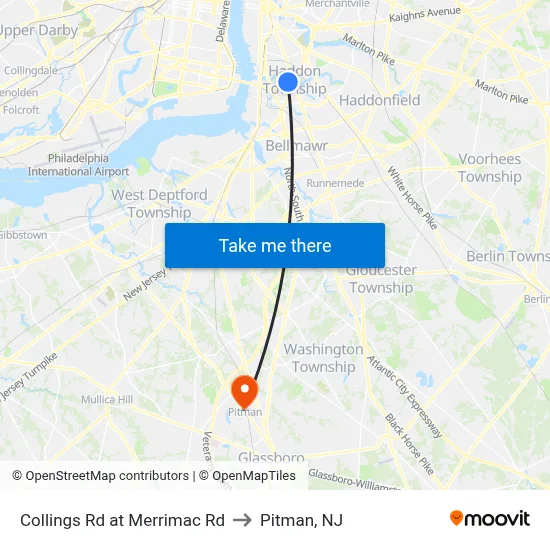 Collings Rd at Merrimac Rd to Pitman, NJ map