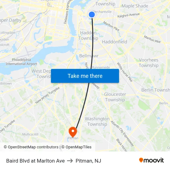 Baird Blvd at Marlton Ave to Pitman, NJ map