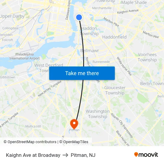 Kaighn Ave at Broadway to Pitman, NJ map