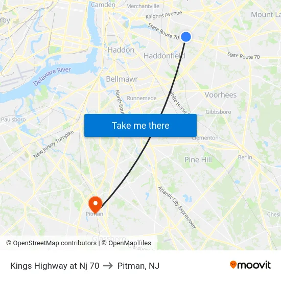 Kings Highway at Nj 70 to Pitman, NJ map