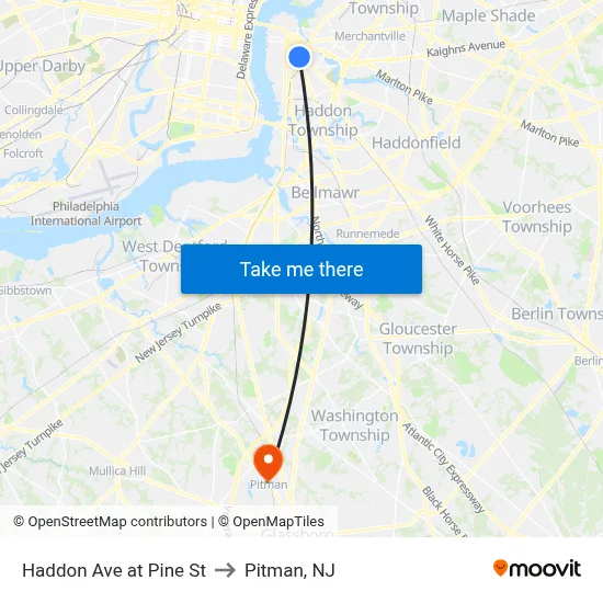 Haddon Ave at Pine St to Pitman, NJ map
