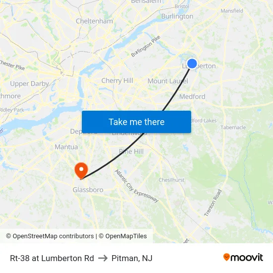 Rt-38 at Lumberton Rd to Pitman, NJ map