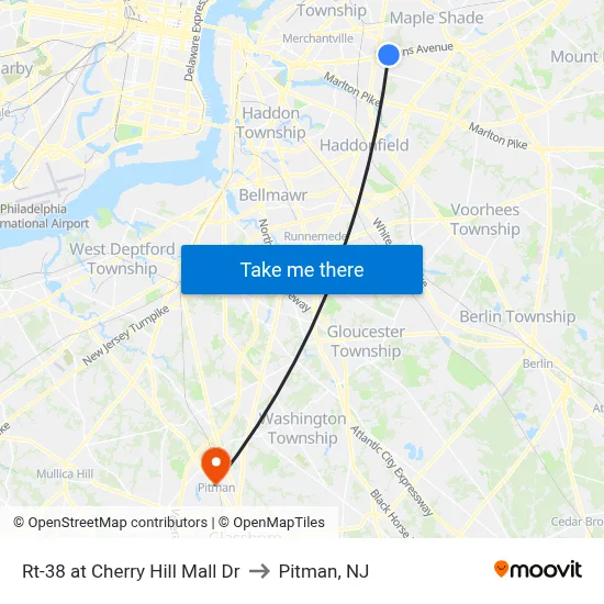 Rt-38 at Cherry Hill Mall Dr to Pitman, NJ map