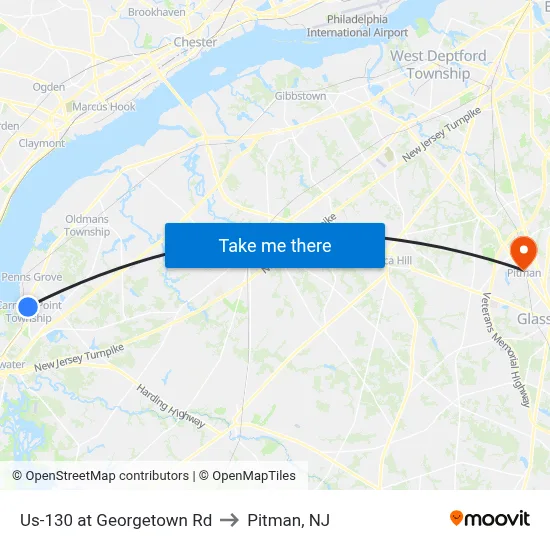 Us-130 at Georgetown Rd to Pitman, NJ map