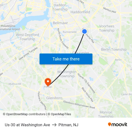 Us-30 at Washington Ave to Pitman, NJ map