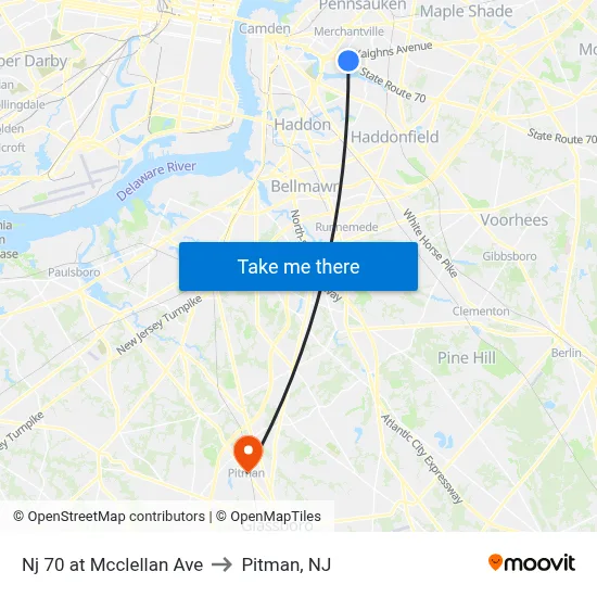 Nj 70 at Mcclellan Ave to Pitman, NJ map