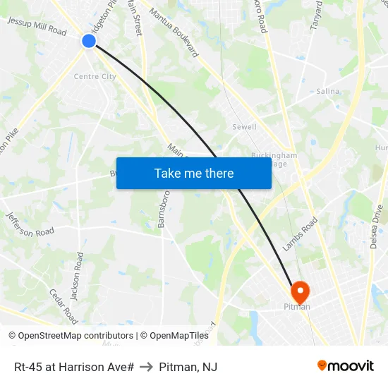 Rt-45 at Harrison Ave# to Pitman, NJ map