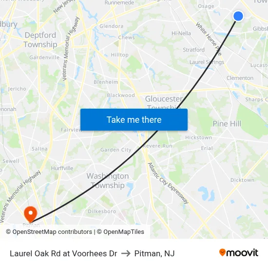 Laurel Oak Rd at Voorhees Dr to Pitman, NJ map