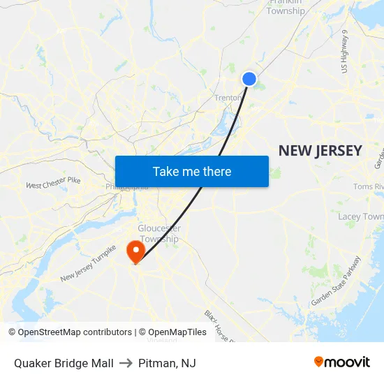 Quaker Bridge Mall to Pitman, NJ map