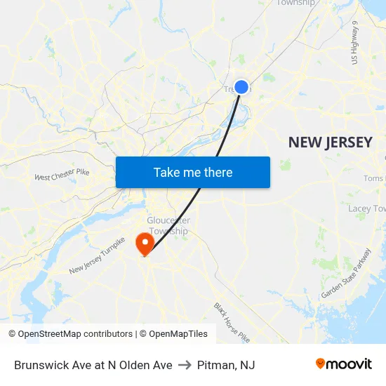 Brunswick Ave at N Olden Ave to Pitman, NJ map