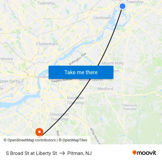 S Broad St at Liberty St to Pitman, NJ map