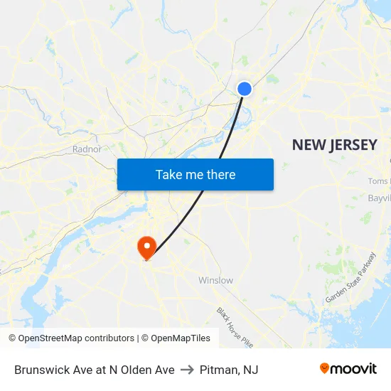 Brunswick Ave at N Olden Ave to Pitman, NJ map