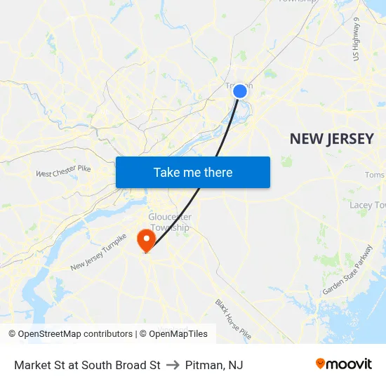 Market St at South Broad St to Pitman, NJ map