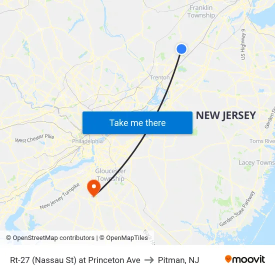 Rt-27 (Nassau St) at Princeton Ave to Pitman, NJ map