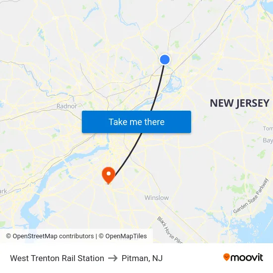 West Trenton Rail Station to Pitman, NJ map