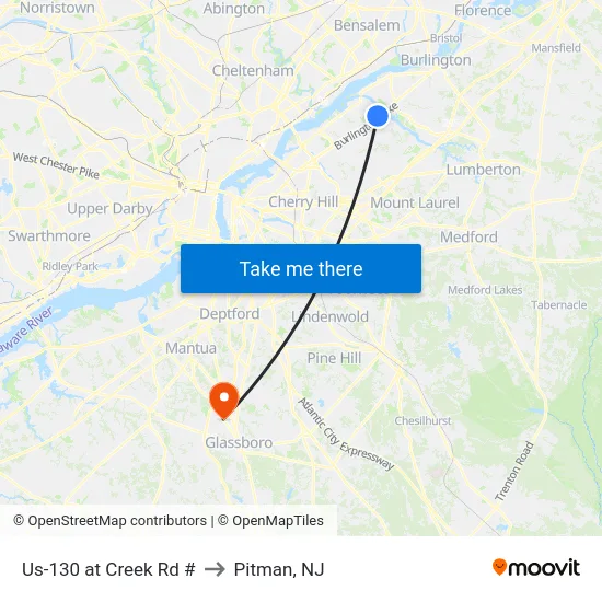 Us-130 at Creek Rd # to Pitman, NJ map