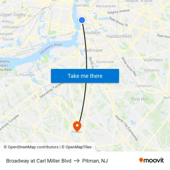 Broadway at Carl Miller Blvd to Pitman, NJ map