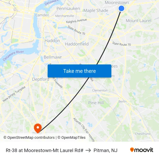 Rt-38 at Moorestown-Mt Laurel Rd# to Pitman, NJ map
