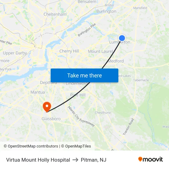 Virtua Mount Holly Hospital to Pitman, NJ map